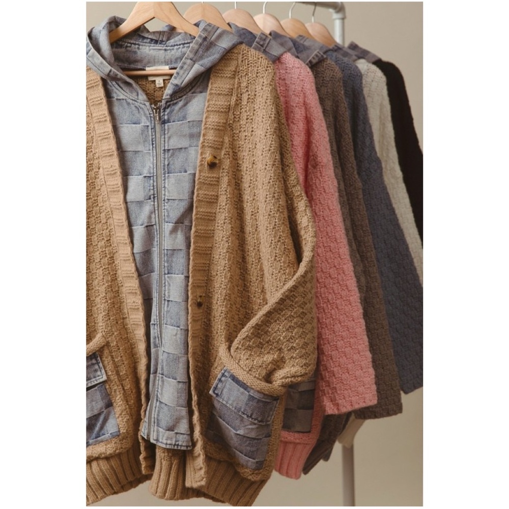 Cozy Checkered Plaid Denim Mixed Fabric Knit Cardigan Jacket Shacket - Picture 8 of 8